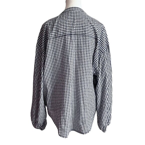 PILCRO WHITE BLUE CHECKERED GINGHAM OVERSIZED COLLARLESS BUTTON DOWN SHIRT - L - Picture 3 of 11